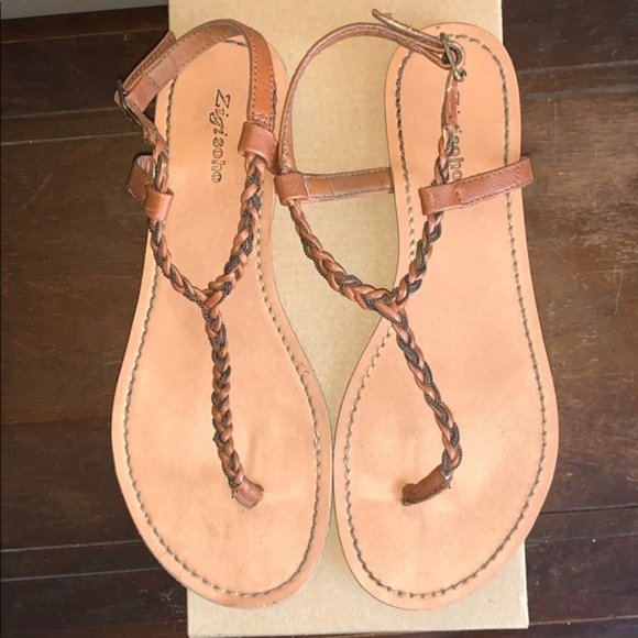 Zigi Soho Daphne Cognac Tan & Brass Chain Braided Sandals Size 6 - Picture 9 of 12
